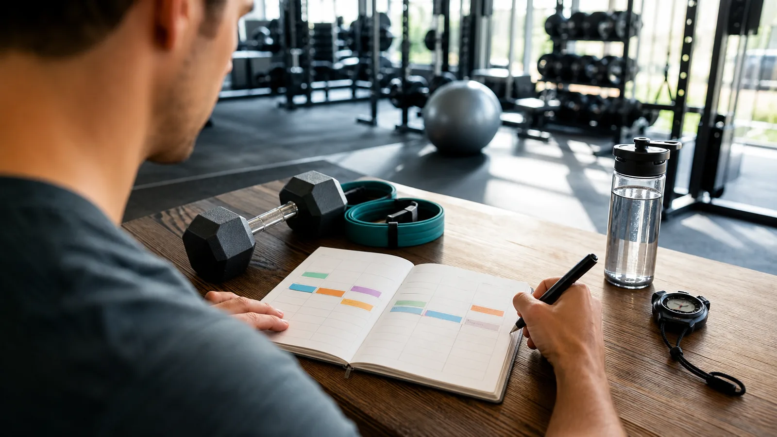 Athlete planning a weekly workout split beside dumbbells and resistance bands