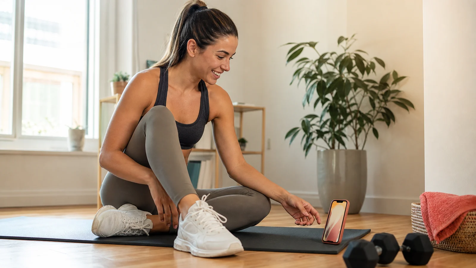 Woman preparing for a home workout with an AI fitness coach on her phone